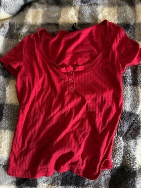 Women's Ribbed Henley Short Sleeve Top - Red
